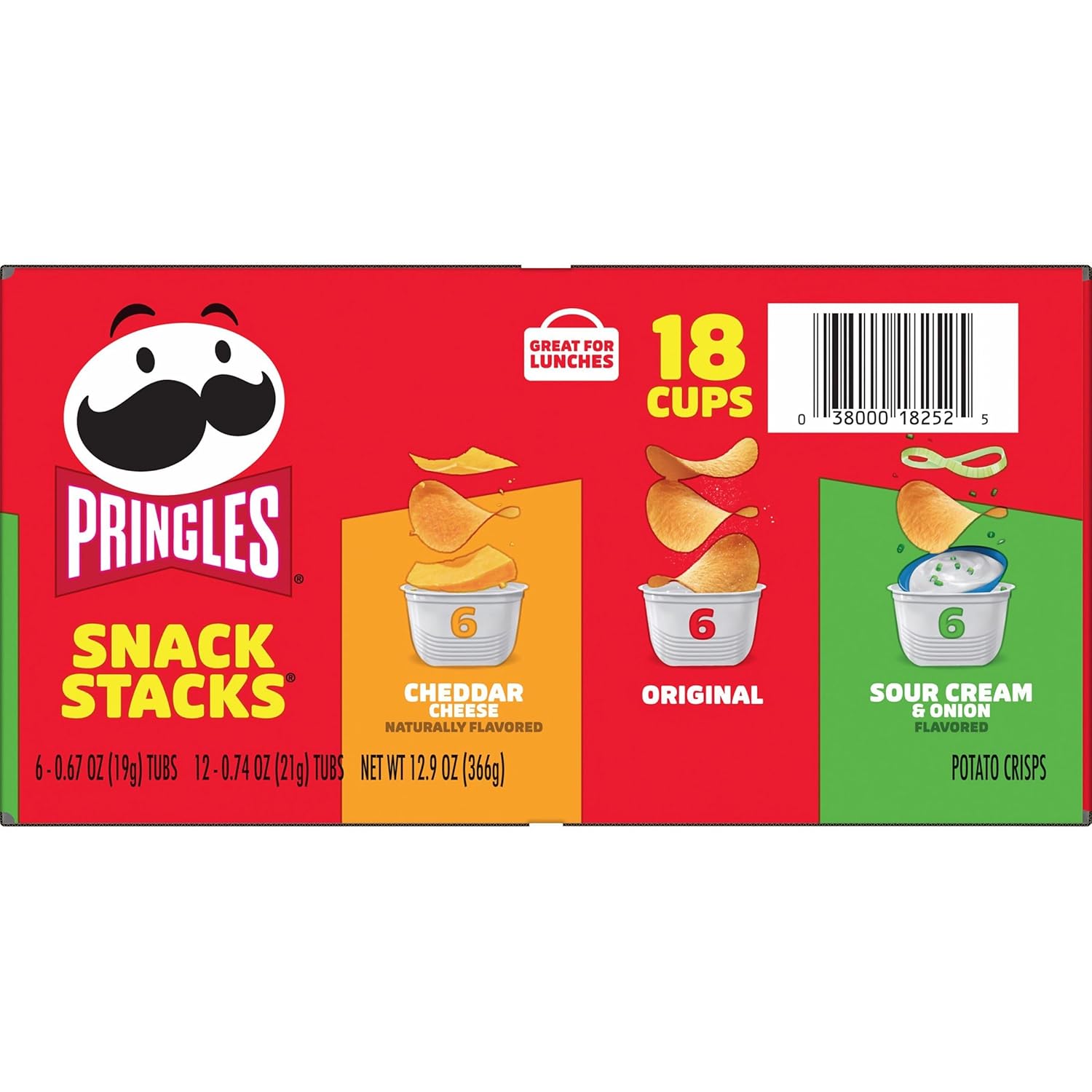 Pringles Potato Crisps Chips, Lunch Snacks, On-the-Go Snacks, Snack Stacks, Variety Pack, 12.9oz Box (18 Cups) 24hrsmart